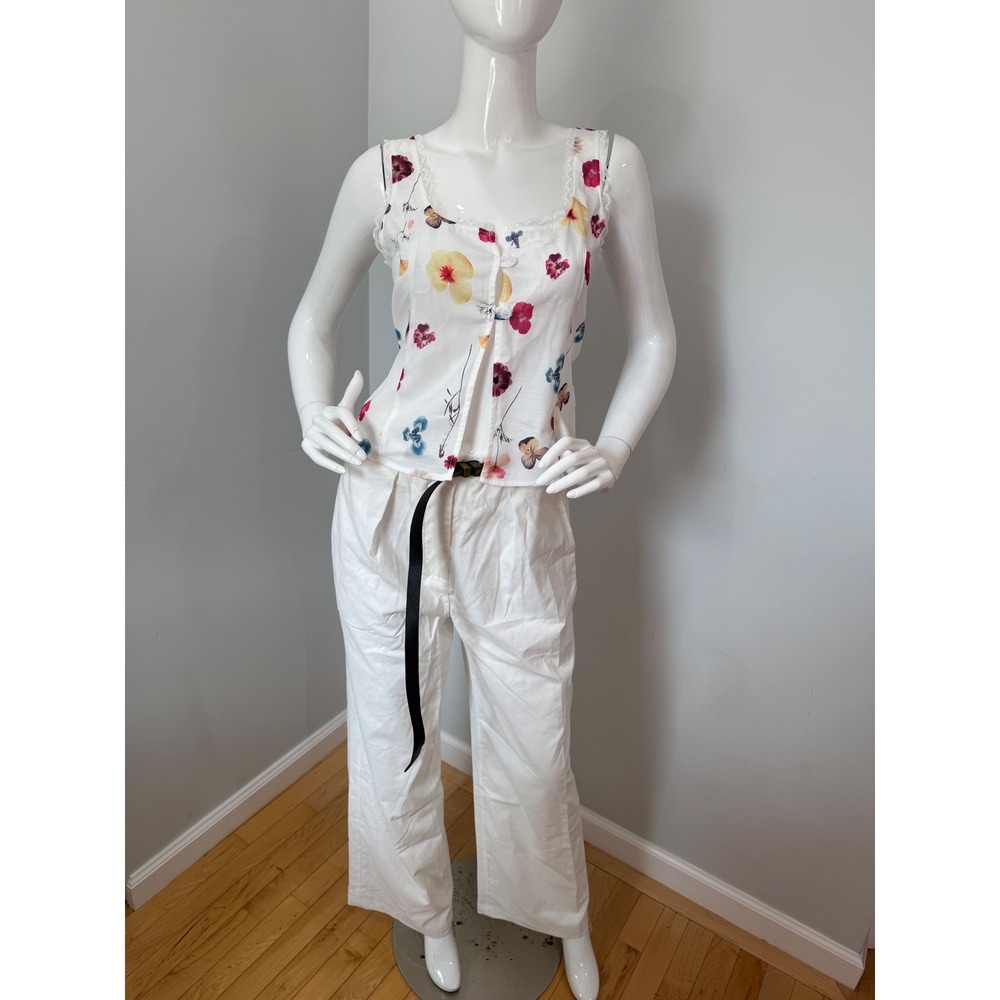 Commense Rayón  & Linen High-Waisted Pocketed Pants included‎ belt off white S